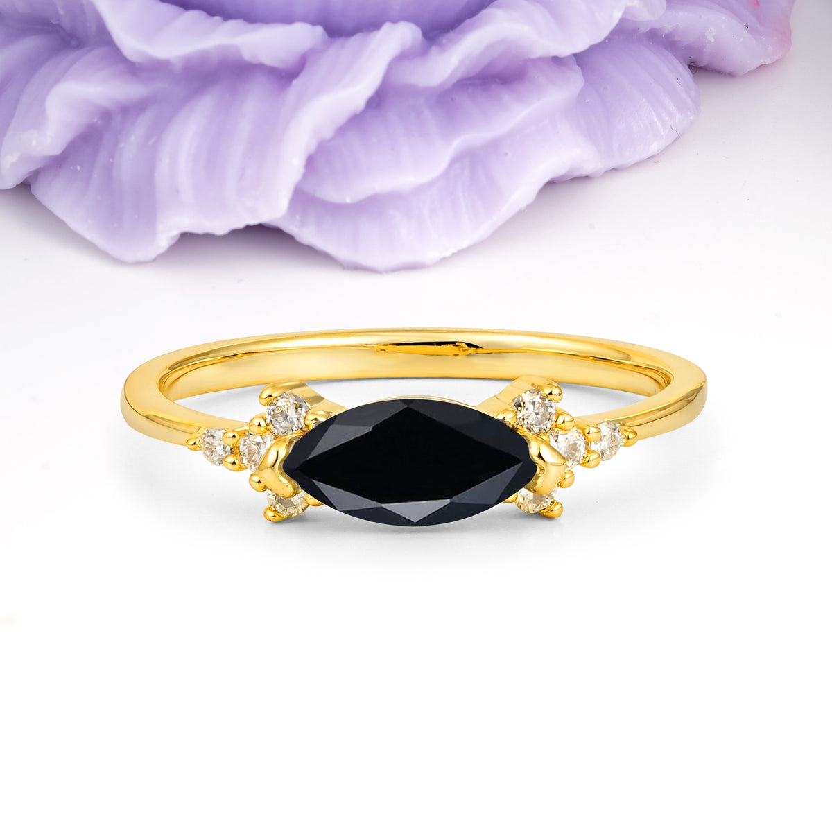 Unique, Minimalist 2-Prong Marquise Cut Black Onyx Engagement Ring - Additional view
