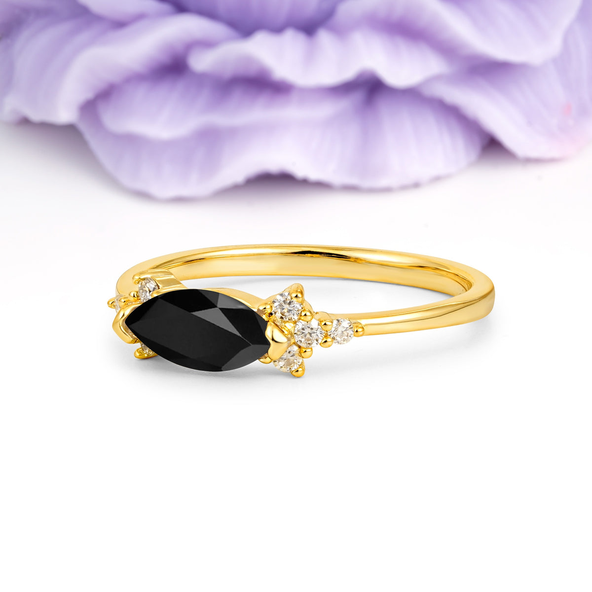 Unique, Minimalist 2-Prong Marquise Cut Black Onyx Engagement Ring - Additional view