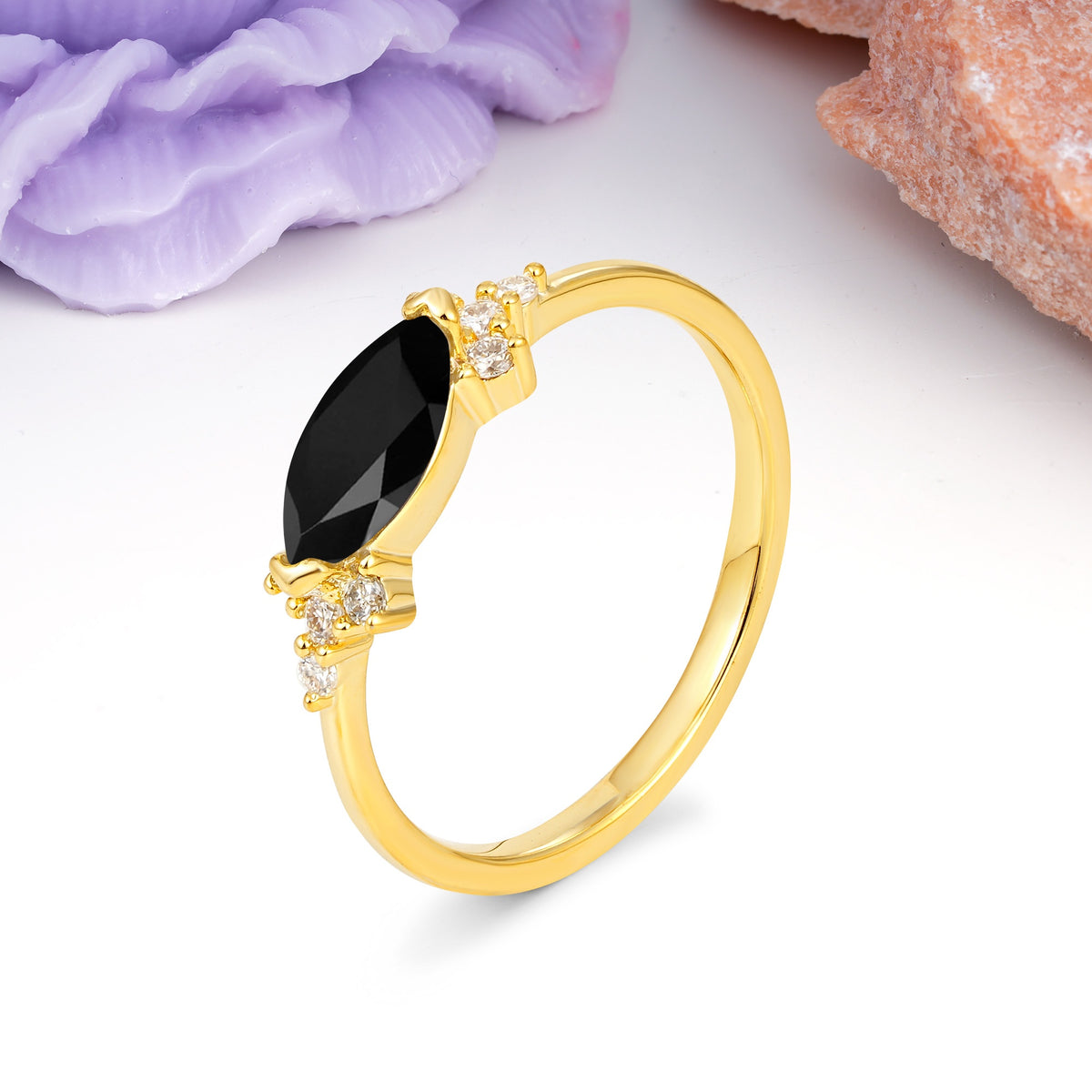 Unique, Minimalist 2-Prong Marquise Cut Black Onyx Engagement Ring - Additional view