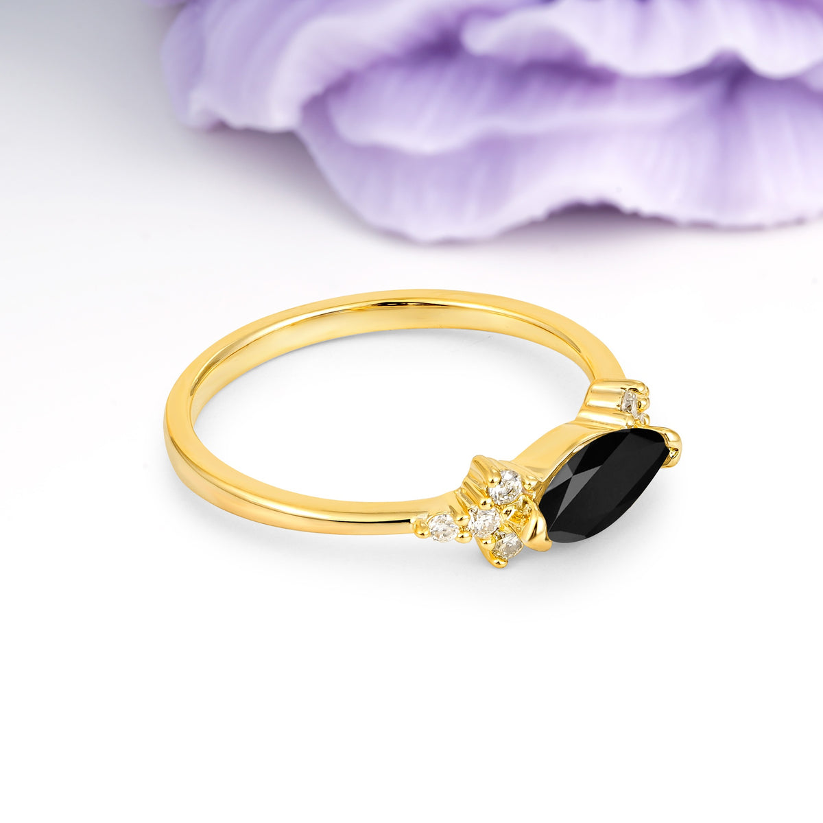 Unique, Minimalist 2-Prong Marquise Cut Black Onyx Engagement Ring - Additional view