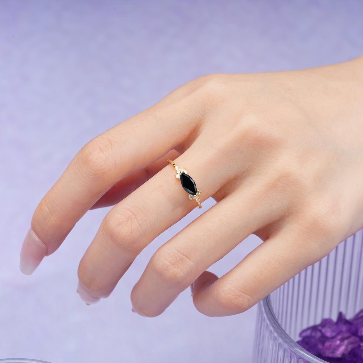 Unique, Minimalist 2-Prong Marquise Cut Black Onyx Engagement Ring