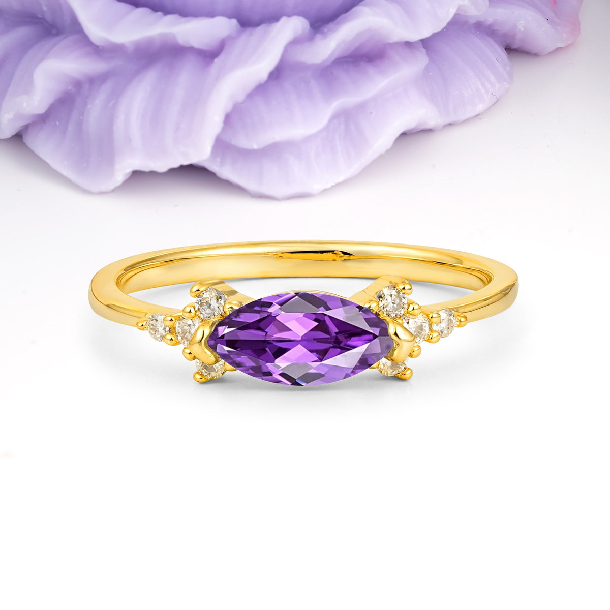 Unique, Minimalist 2-Prong Marquise Cut Amethyst Engagement Ring - Additional view
