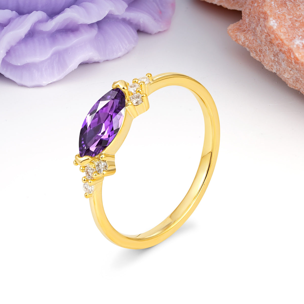 Unique, Minimalist 2-Prong Marquise Cut Amethyst Engagement Ring - Additional view