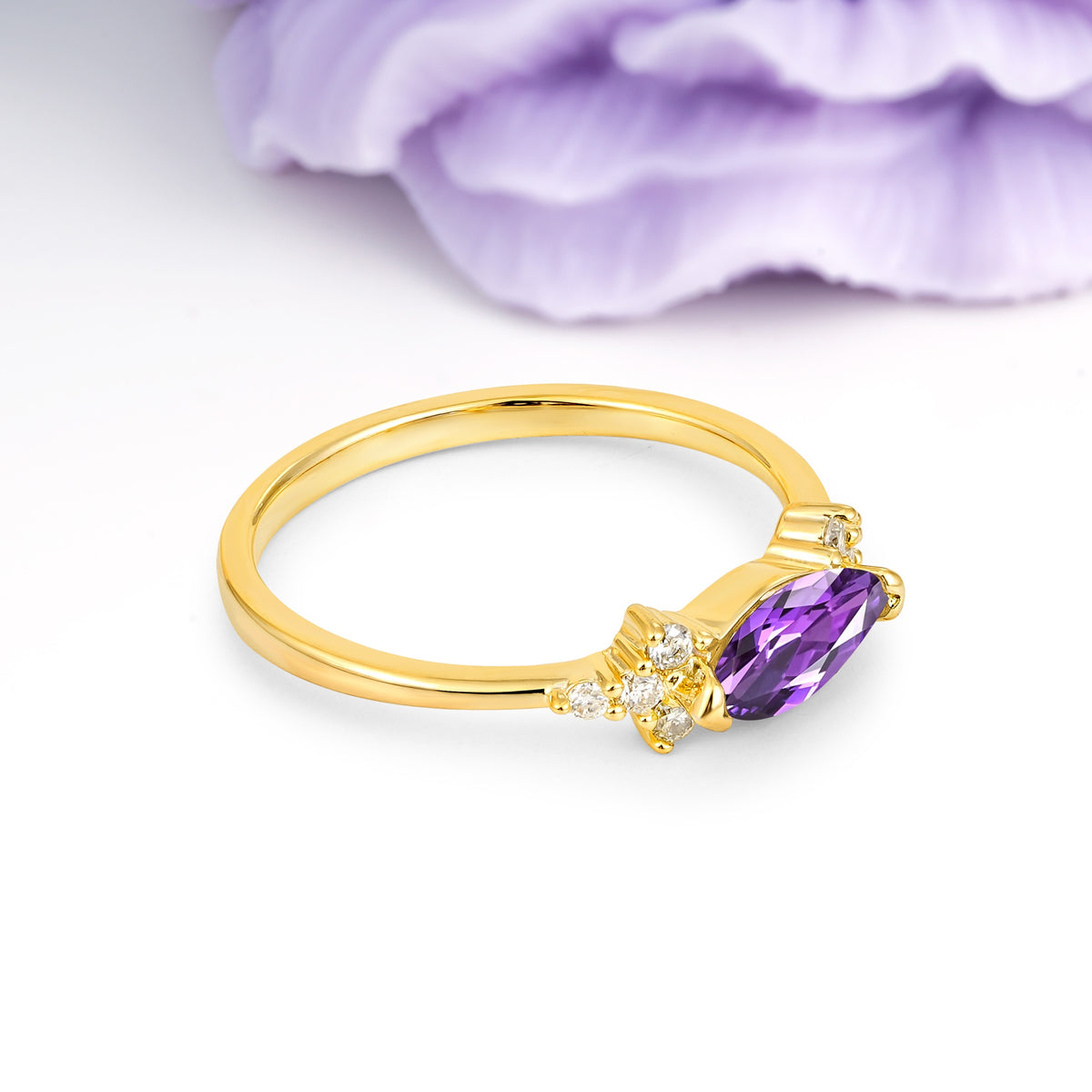 Unique, Minimalist 2-Prong Marquise Cut Amethyst Engagement Ring - Additional view