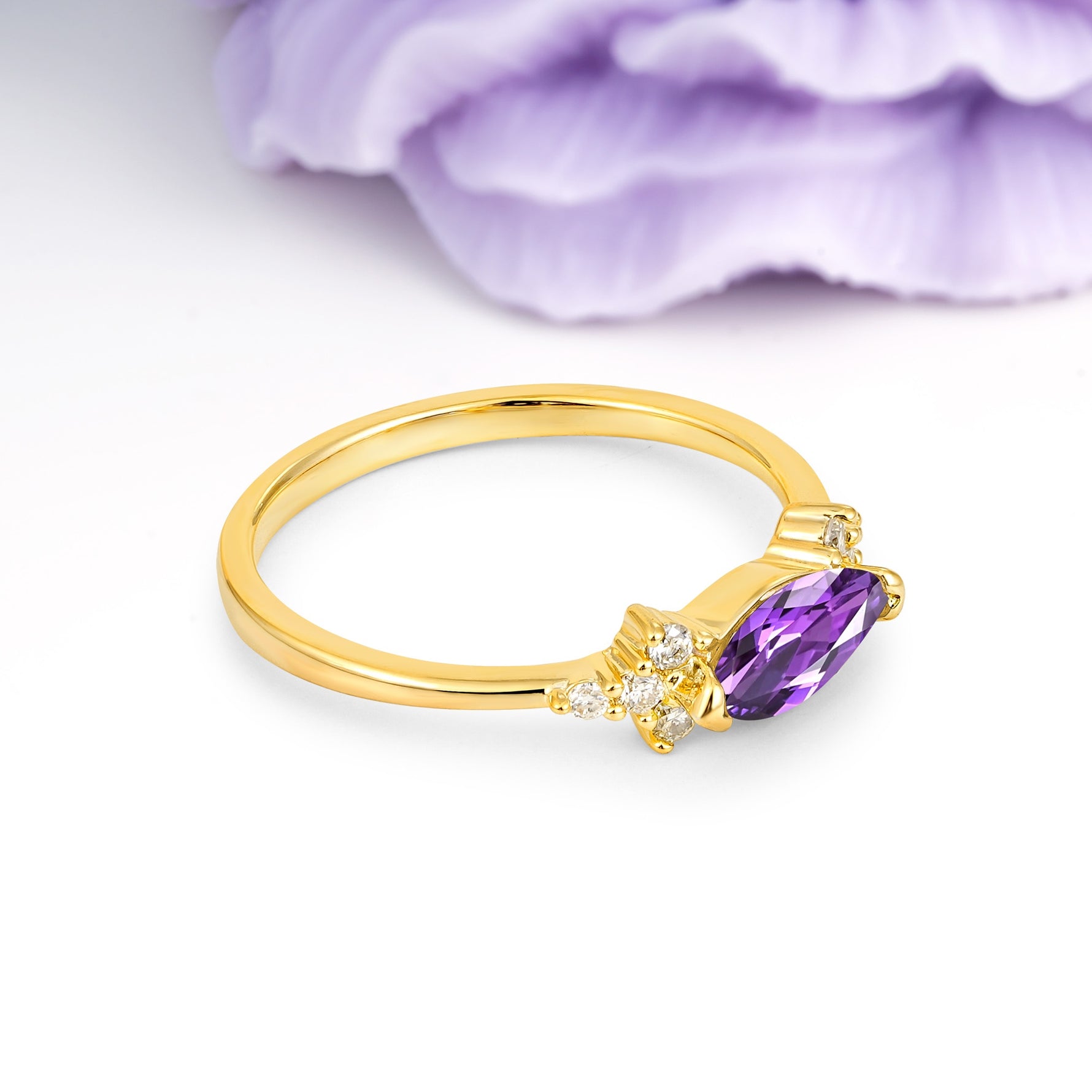 Unique, Minimalist 2-Prong Marquise Cut Amethyst Engagement Ring - Additional view