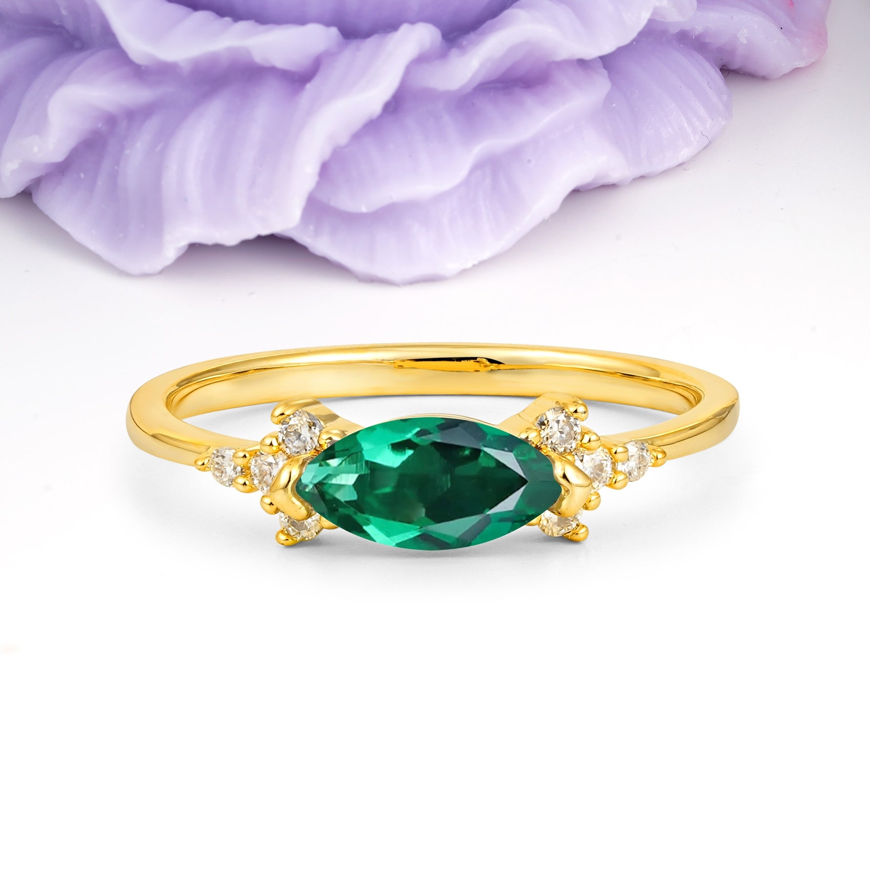 Unique, Minimalist 2-Prong Marquise Cut Emerald Engagement Ring - Additional view