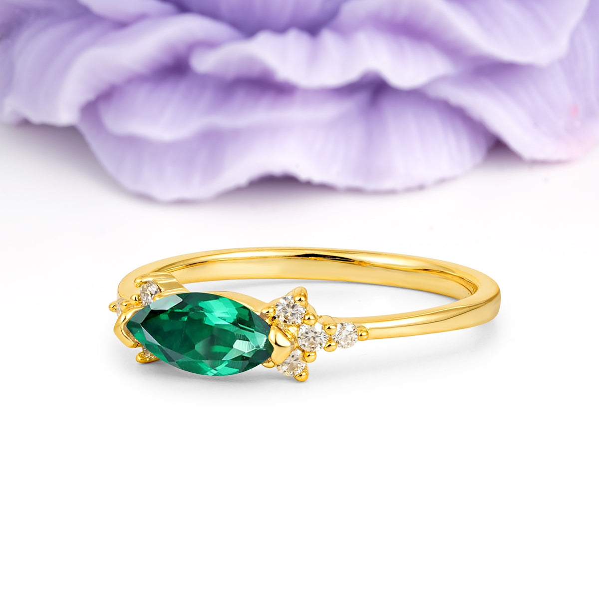 Unique, Minimalist 2-Prong Marquise Cut Emerald Engagement Ring - Additional view