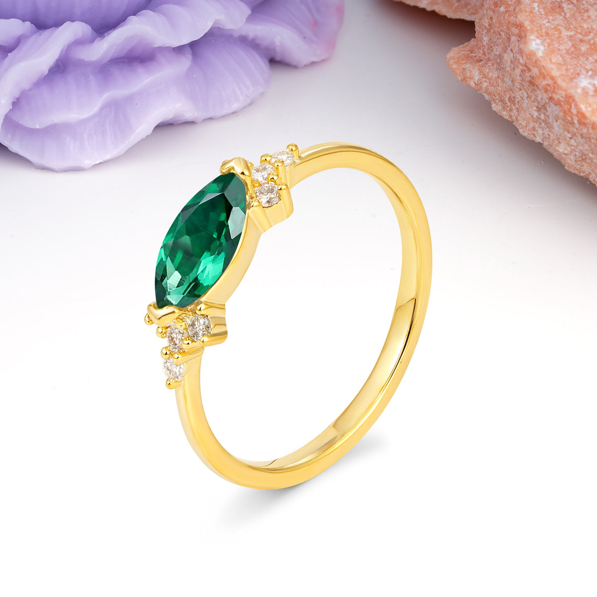 Unique, Minimalist 2-Prong Marquise Cut Emerald Engagement Ring - Additional view