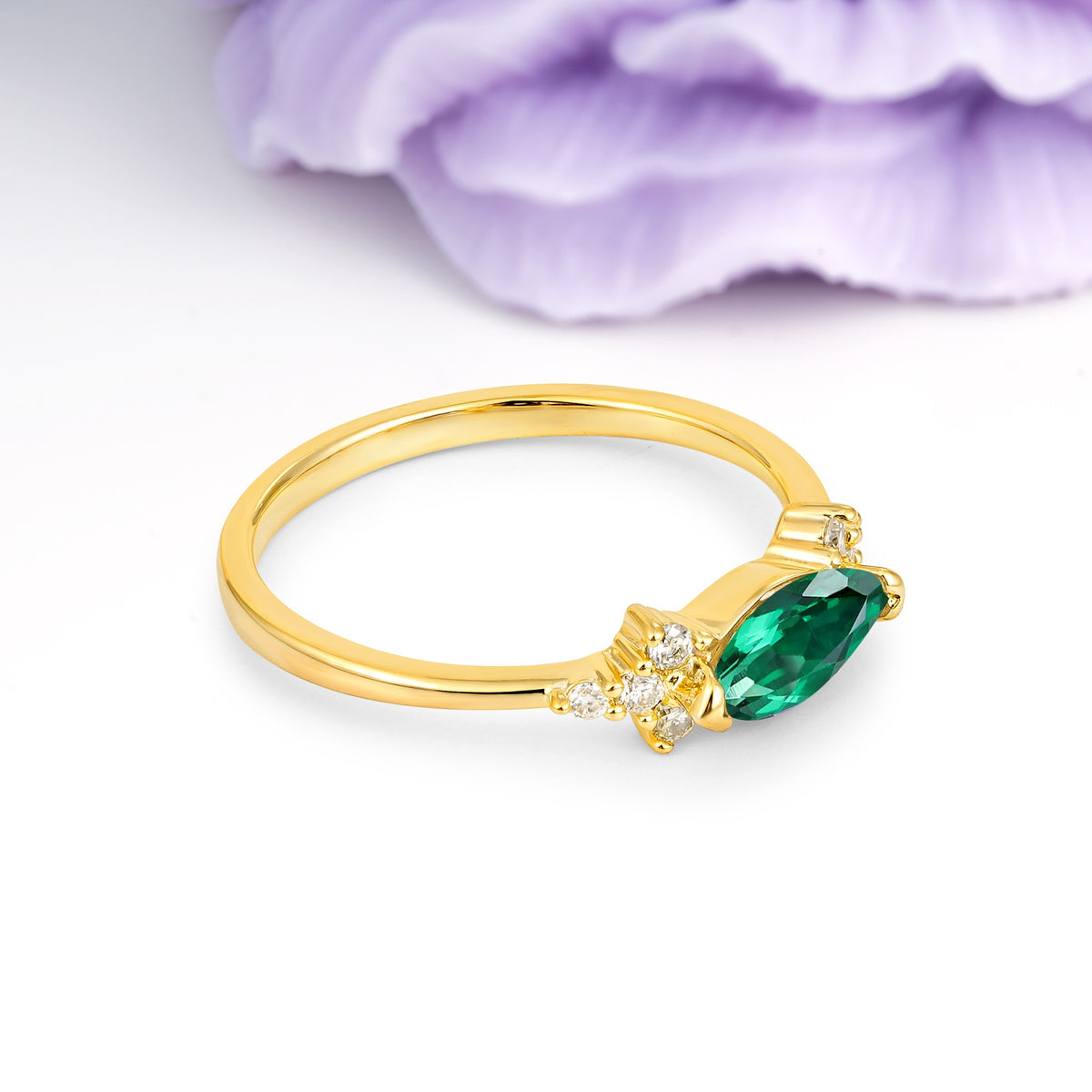 Unique, Minimalist 2-Prong Marquise Cut Emerald Engagement Ring - Additional view