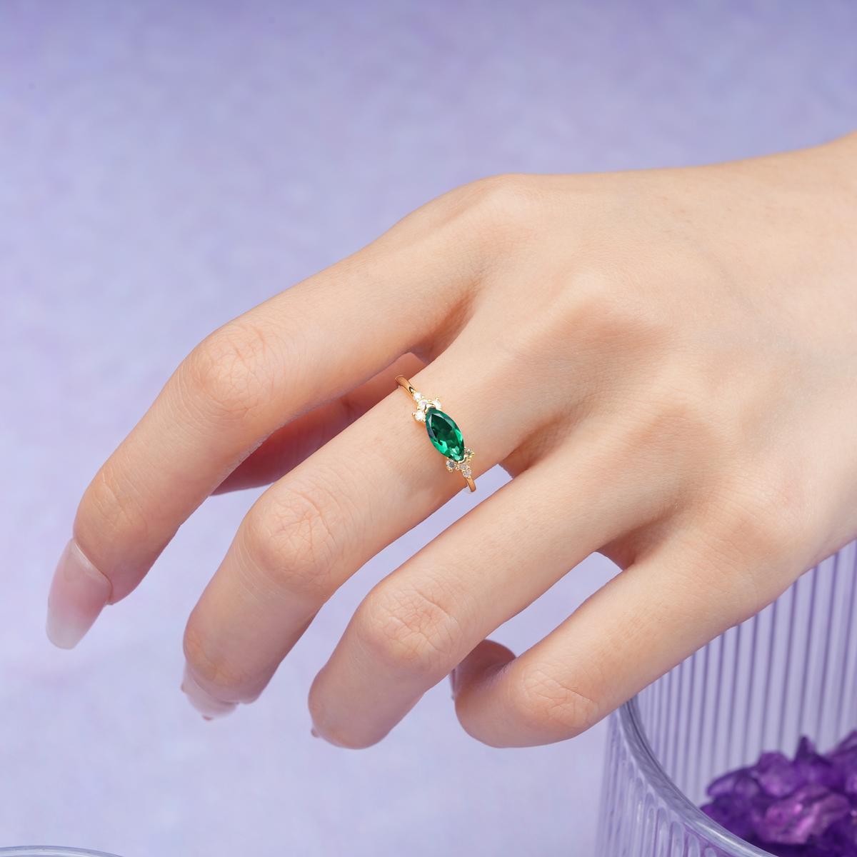Unique, Minimalist 2-Prong Marquise Cut Emerald Engagement Ring