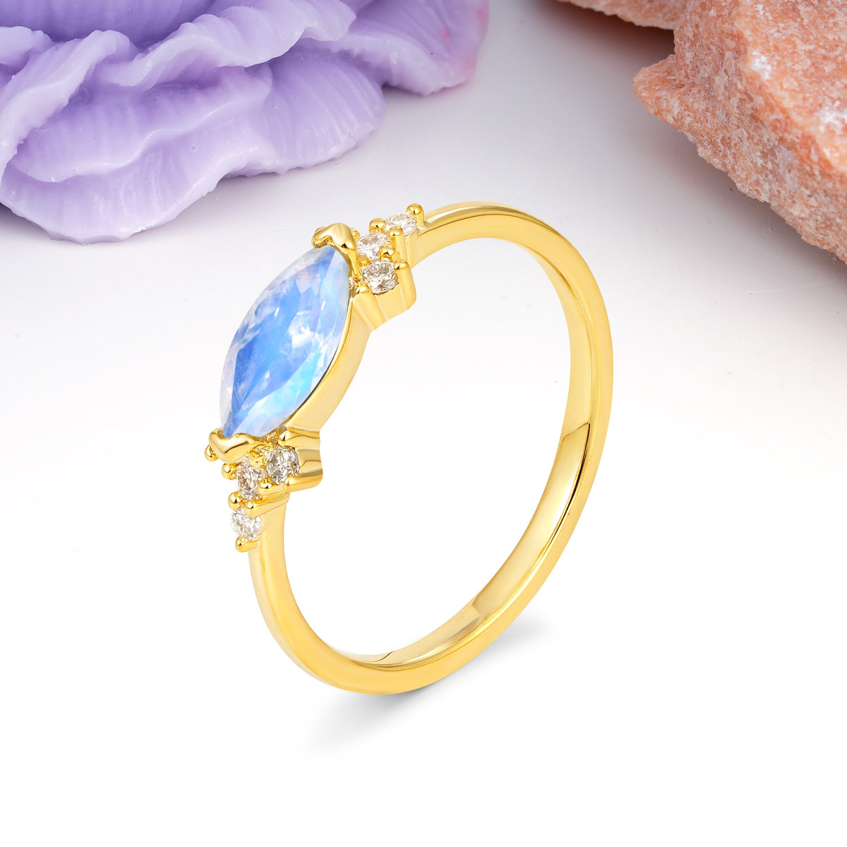 Unique, Minimalist 2-Prong Marquise Cut Moonstone Engagement Ring - Additional view