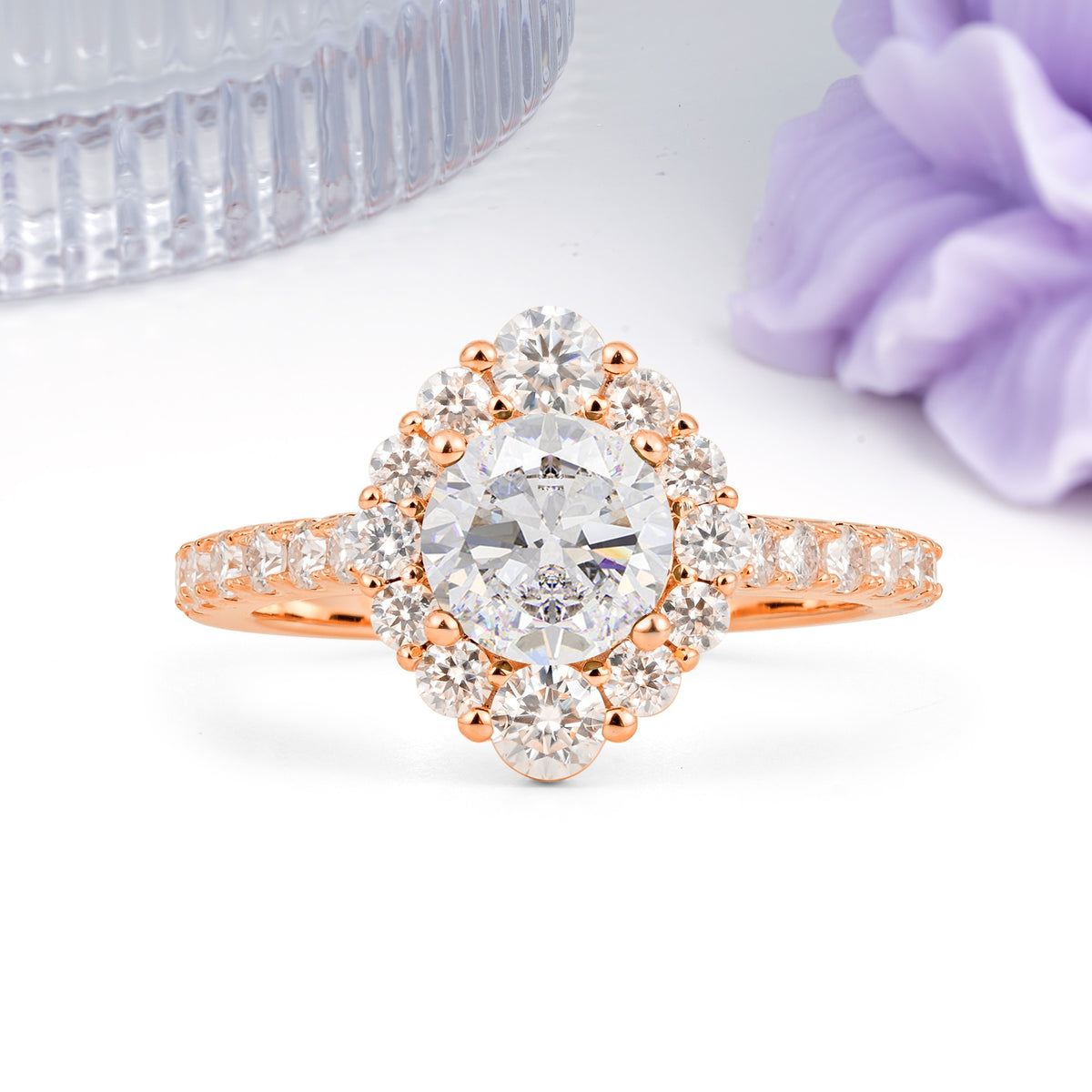Unique Pavé Setting, Luxurious 4-Prong Round Cut Moissanite Engagement Ring - Additional view