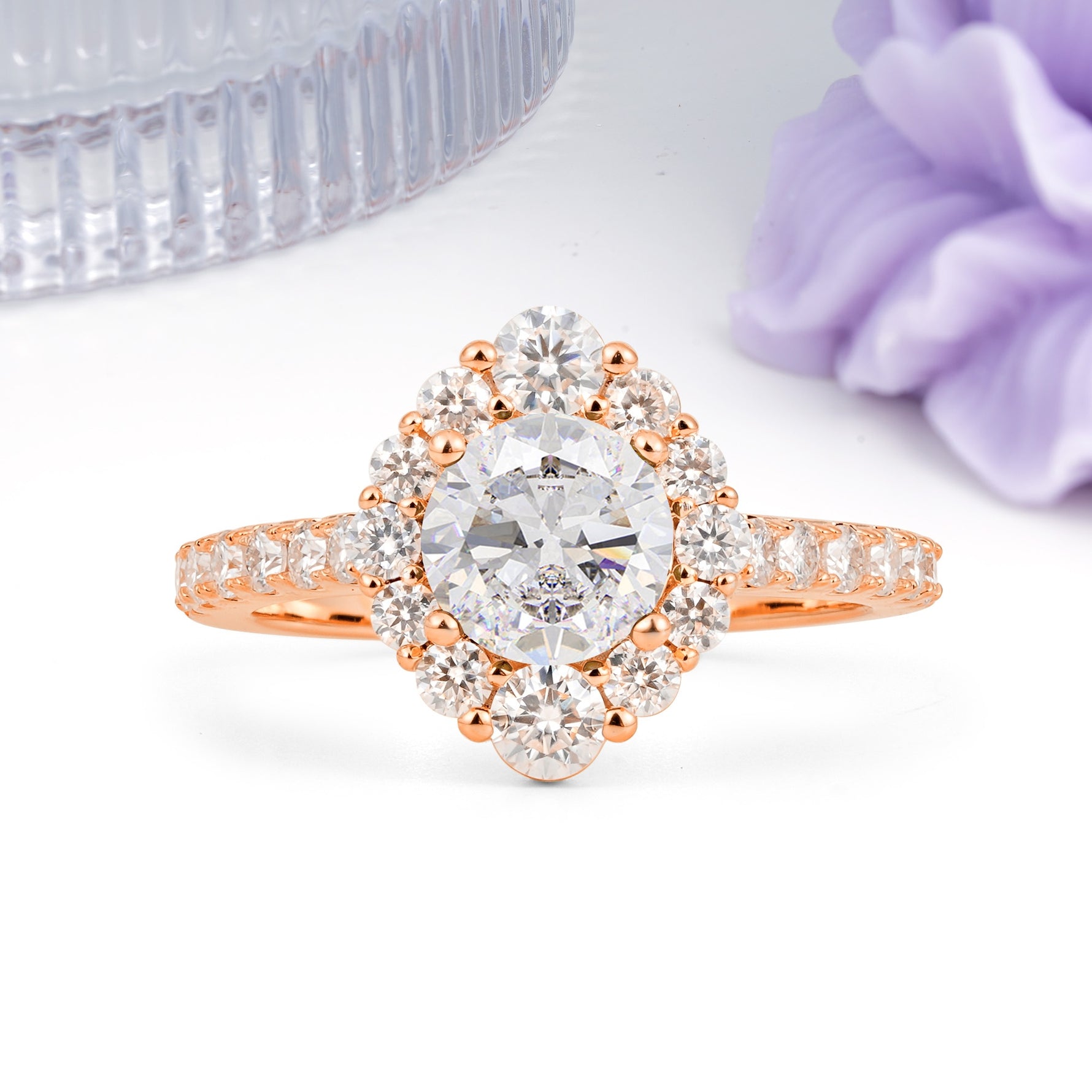 Unique Pavé Setting, Luxurious 4-Prong Round Cut Moissanite Engagement Ring - Additional view