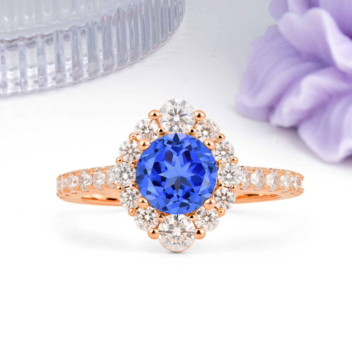 Unique Pavé Setting, Luxurious 4-Prong Round Cut Sapphire Engagement Ring - Additional view