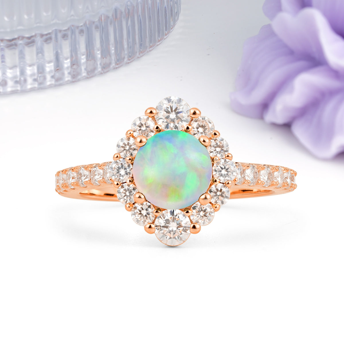 Unique Pavé Setting, Luxurious 4-Prong Round Cut Fire Opal Engagement Ring - Additional view