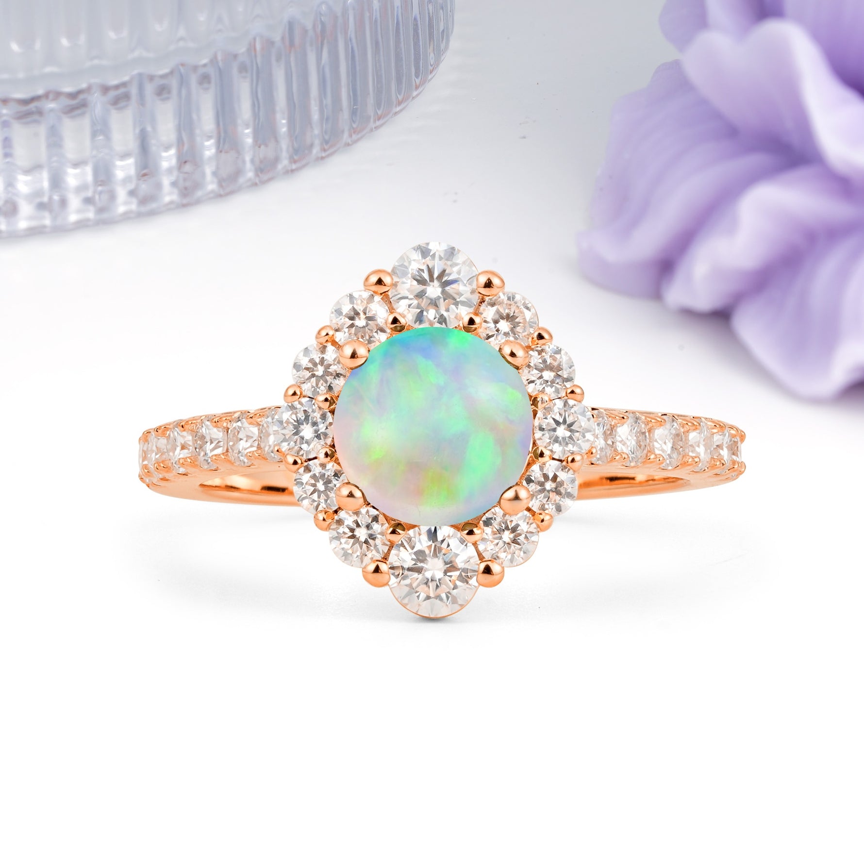 Unique Pavé Setting, Luxurious 4-Prong Round Cut Fire Opal Engagement Ring - Additional view