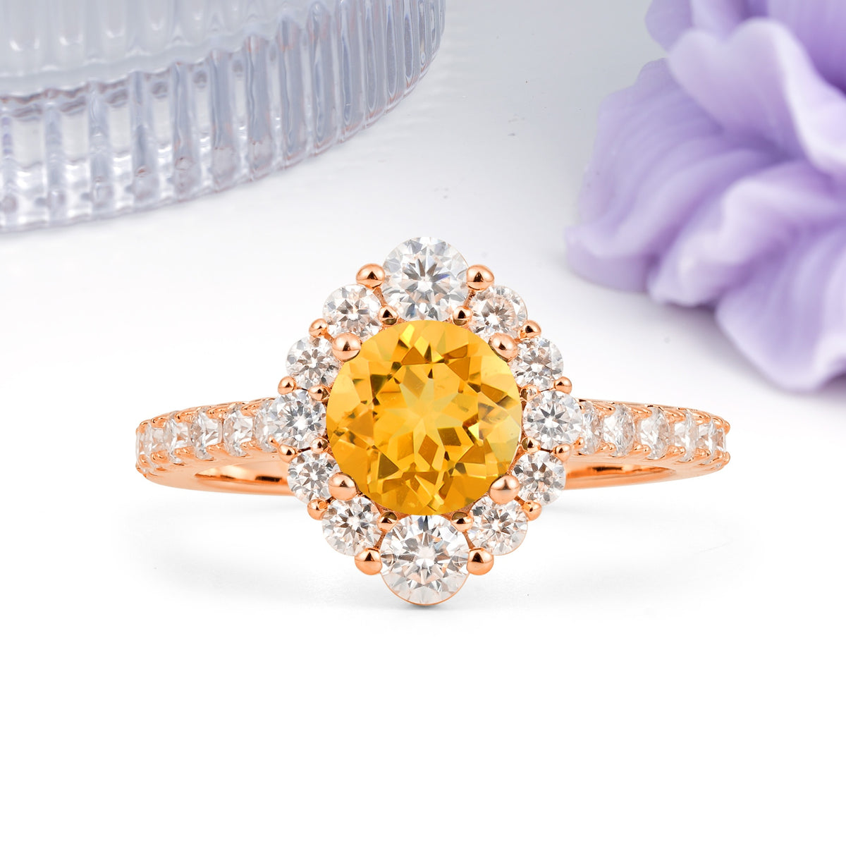 Unique Pavé Setting, Luxurious 4-Prong Round Cut Citrine Engagement Ring - Additional view