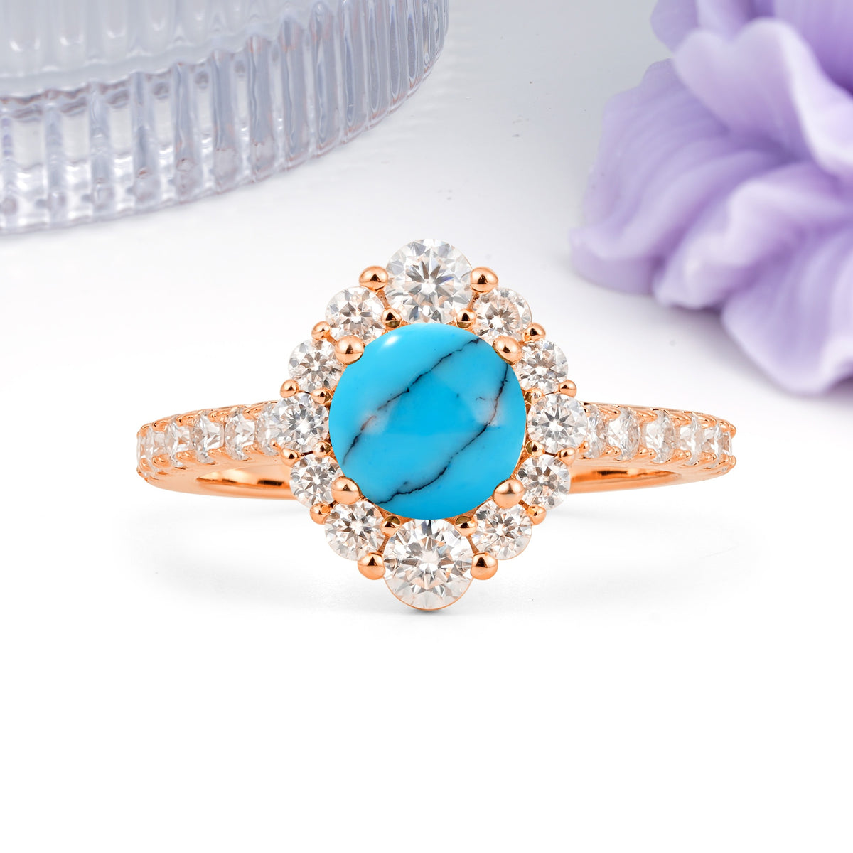 Unique Pavé Setting, Luxurious 4-Prong Round Cut Turquoise Engagement Ring - Additional view