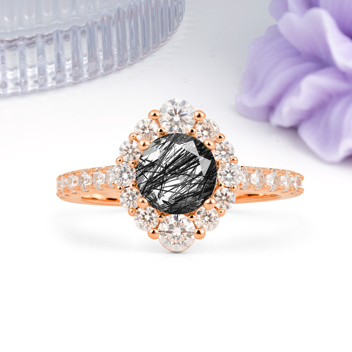 Unique Pavé Setting, Luxurious 4-Prong Round Cut Black Rutilated Quartz Engagement Ring - Additional view