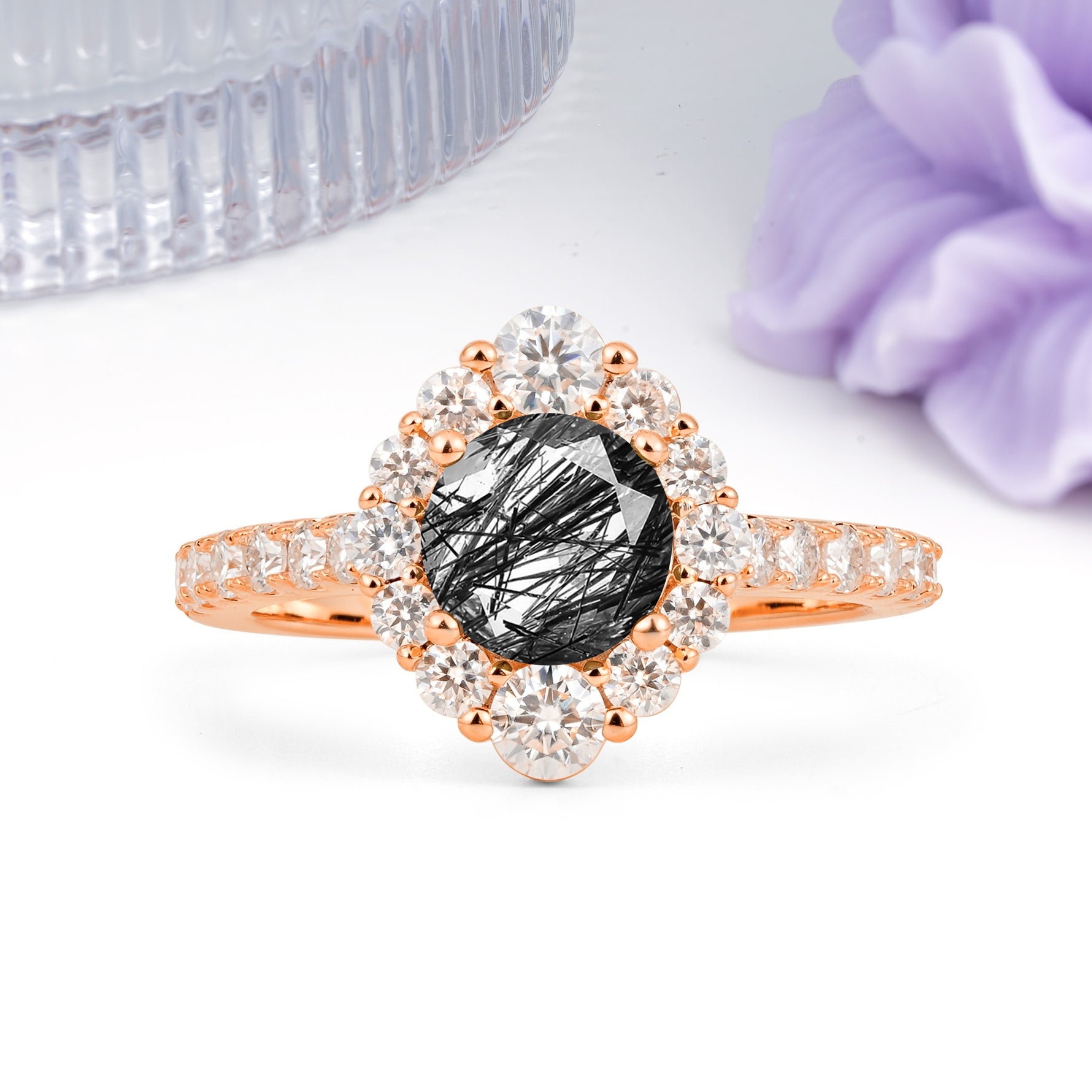 Unique Pavé Setting, Luxurious 4-Prong Round Cut Black Rutilated Quartz Engagement Ring - Additional view