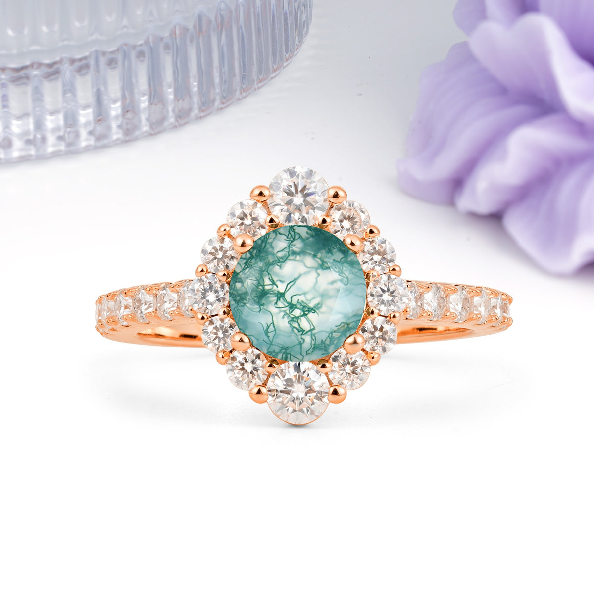 Unique Pavé Setting, Luxurious 4-Prong Round Cut Moss Agate Engagement Ring - Additional view
