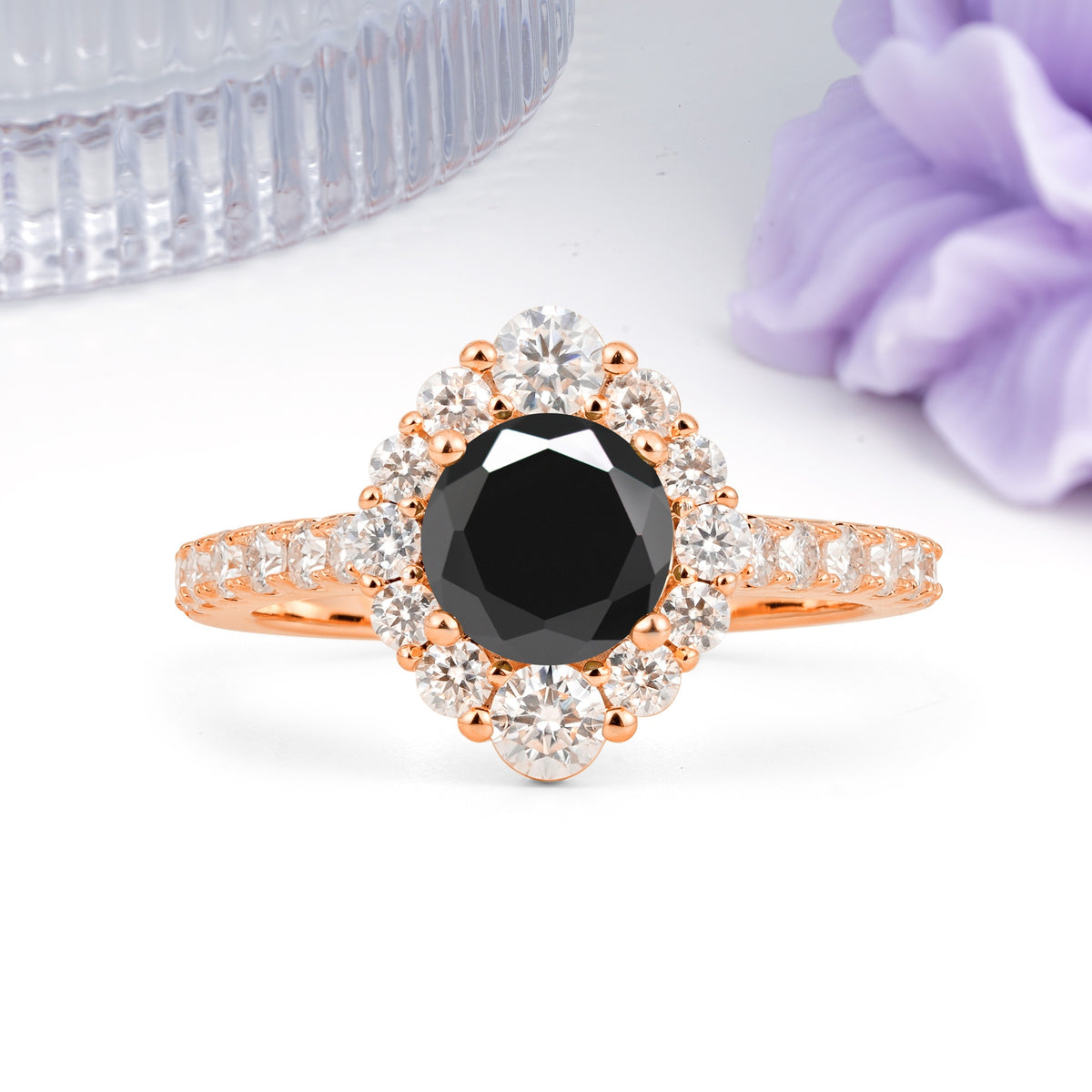Unique Pavé Setting, Luxurious 4-Prong Round Cut Black Onyx Engagement Ring - Additional view
