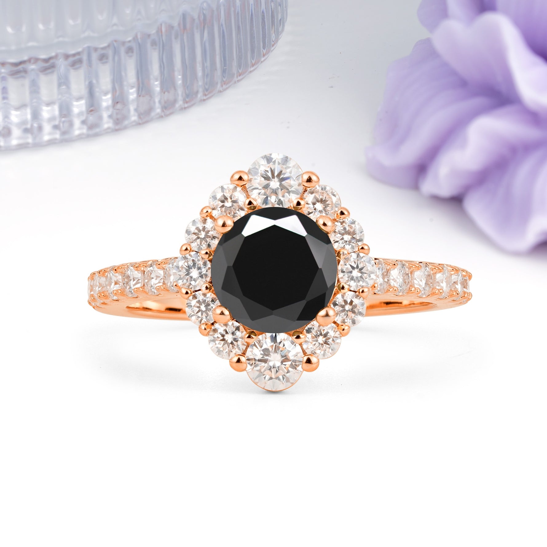 Unique Pavé Setting, Luxurious 4-Prong Round Cut Black Onyx Engagement Ring - Additional view