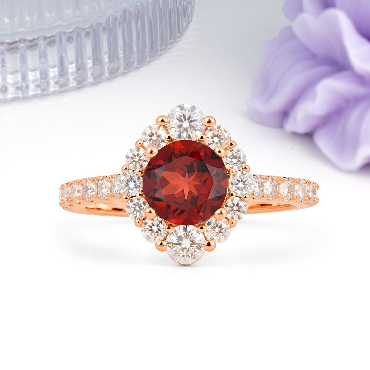 Unique Pavé Setting, Luxurious 4-Prong Round Cut Garnet Engagement Ring - Additional view