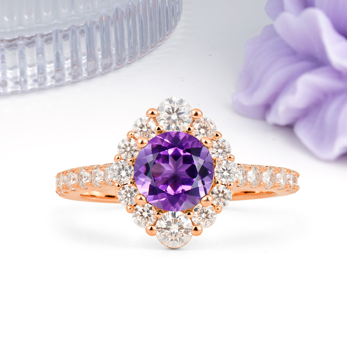 Unique Pavé Setting, Luxurious 4-Prong Round Cut Amethyst Engagement Ring - Additional view