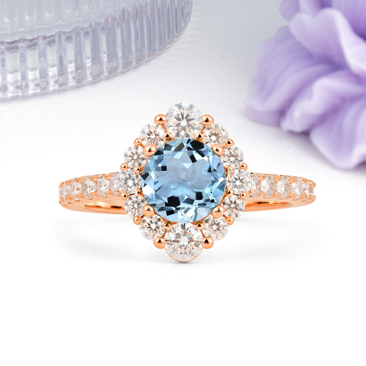 Unique Pavé Setting, Luxurious 4-Prong Round Cut Aquamarine Engagement Ring - Additional view