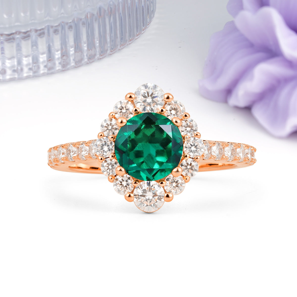 Unique Pavé Setting, Luxurious 4-Prong Round Cut Emerald Engagement Ring - Additional view