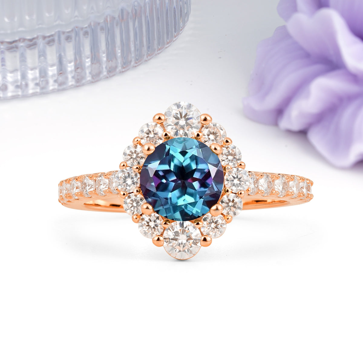 Unique Pavé Setting, Luxurious 4-Prong Round Cut Alexandrite Engagement Ring - Additional view