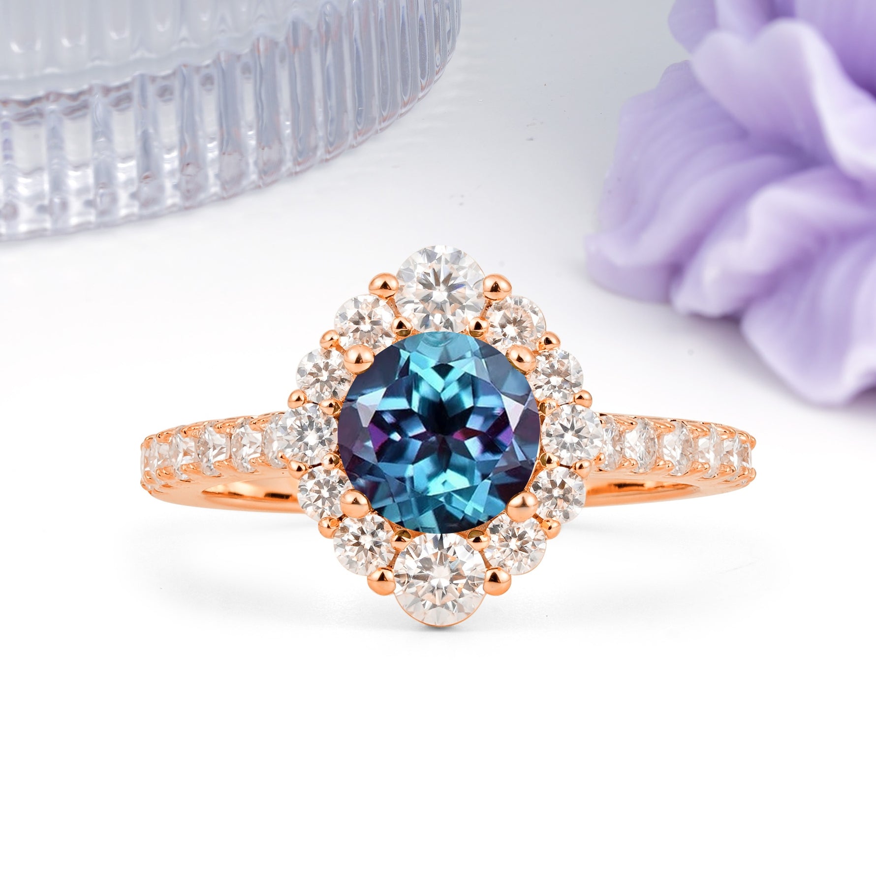 Unique Pavé Setting, Luxurious 4-Prong Round Cut Alexandrite Engagement Ring - Additional view