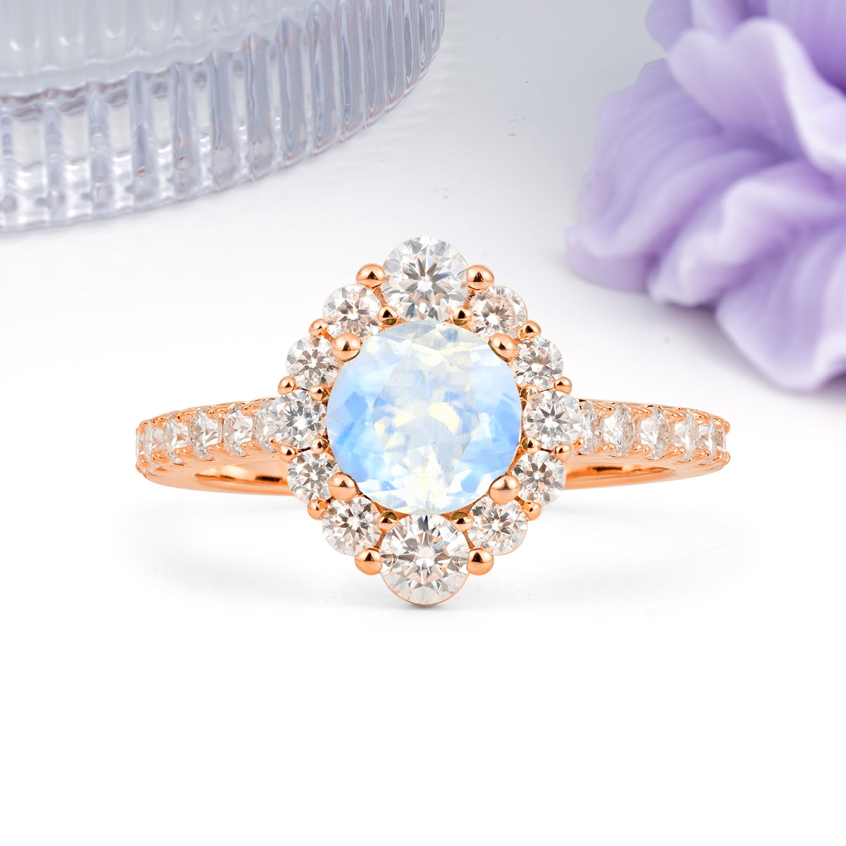 Unique Pavé Setting, Luxurious 4-Prong Round Cut Moonstone Engagement Ring - Additional view