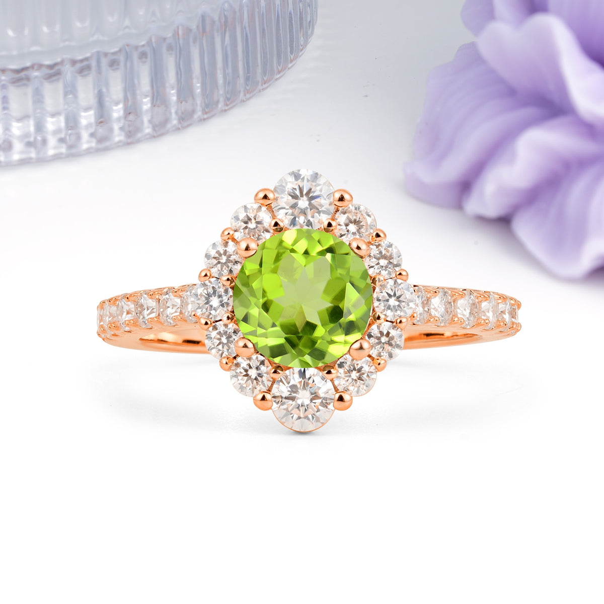 Unique Pavé Setting, Luxurious 4-Prong Round Cut Peridot Engagement Ring - Additional view
