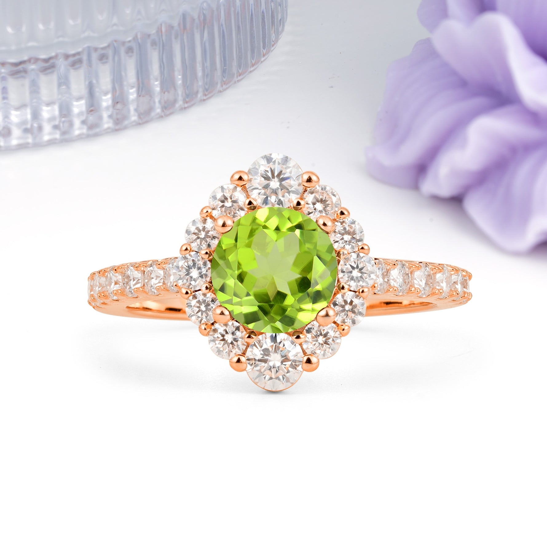 Unique Pavé Setting, Luxurious 4-Prong Round Cut Peridot Engagement Ring - Additional view