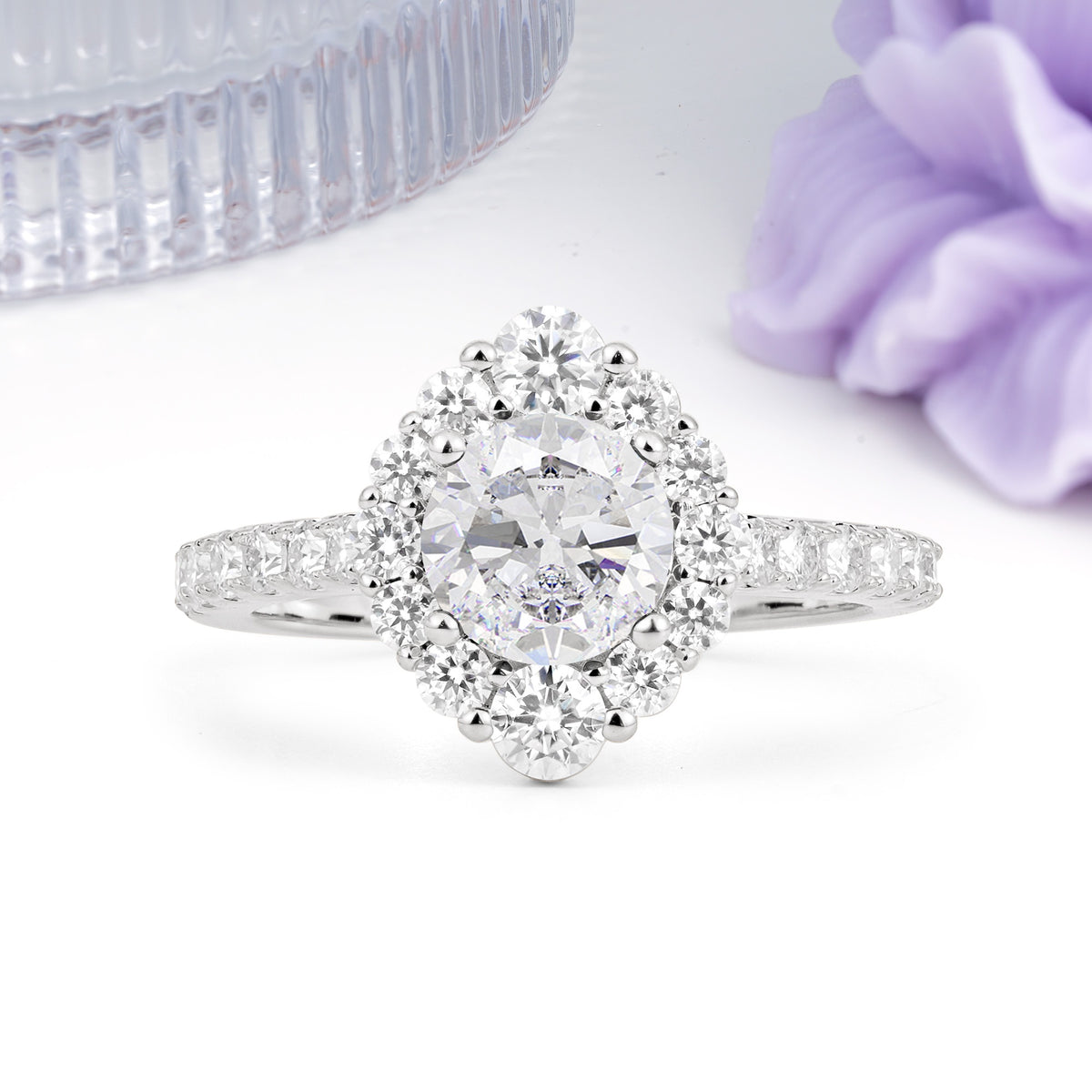 Unique Pavé Setting, Luxurious 4-Prong Round Cut Moissanite Engagement Ring - Additional view