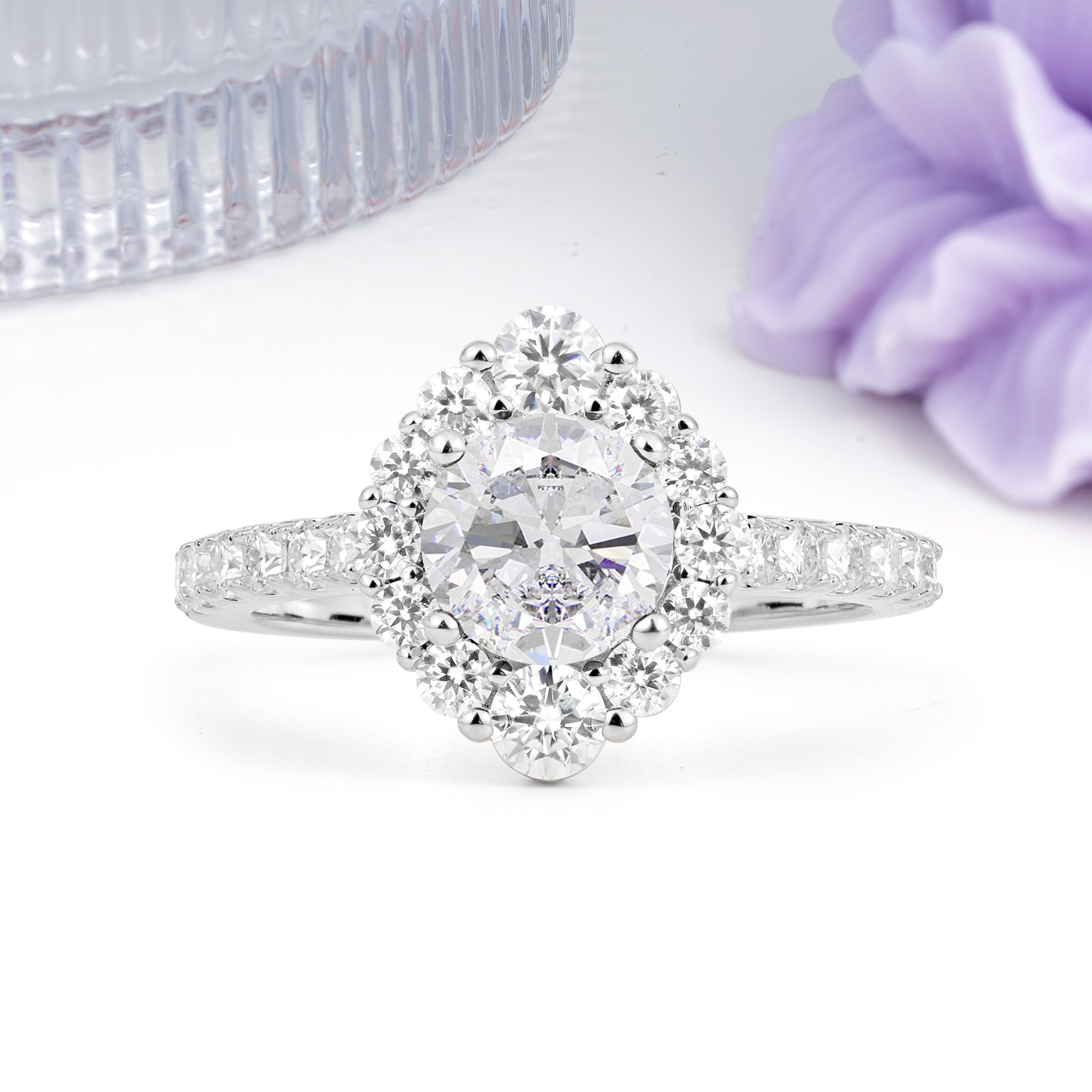 Unique Pavé Setting, Luxurious 4-Prong Round Cut Moissanite Engagement Ring - Additional view