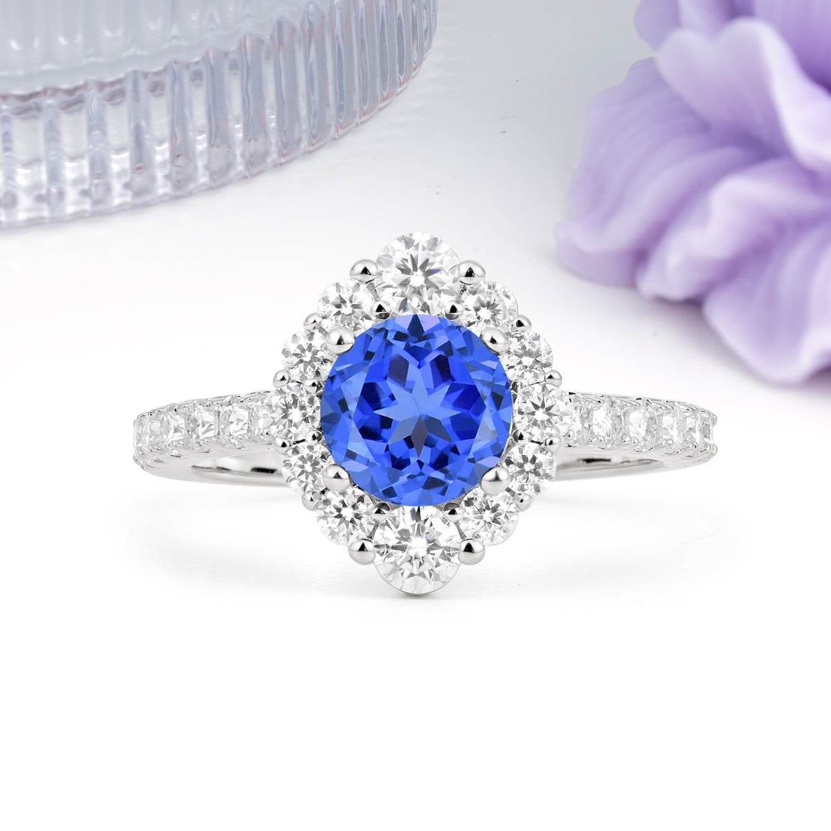 Unique Pavé Setting, Luxurious 4-Prong Round Cut Sapphire Engagement Ring - Additional view