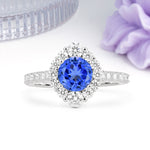 Unique Pavé Setting, Luxurious 4-Prong Round Cut Sapphire Engagement Ring - Additional view