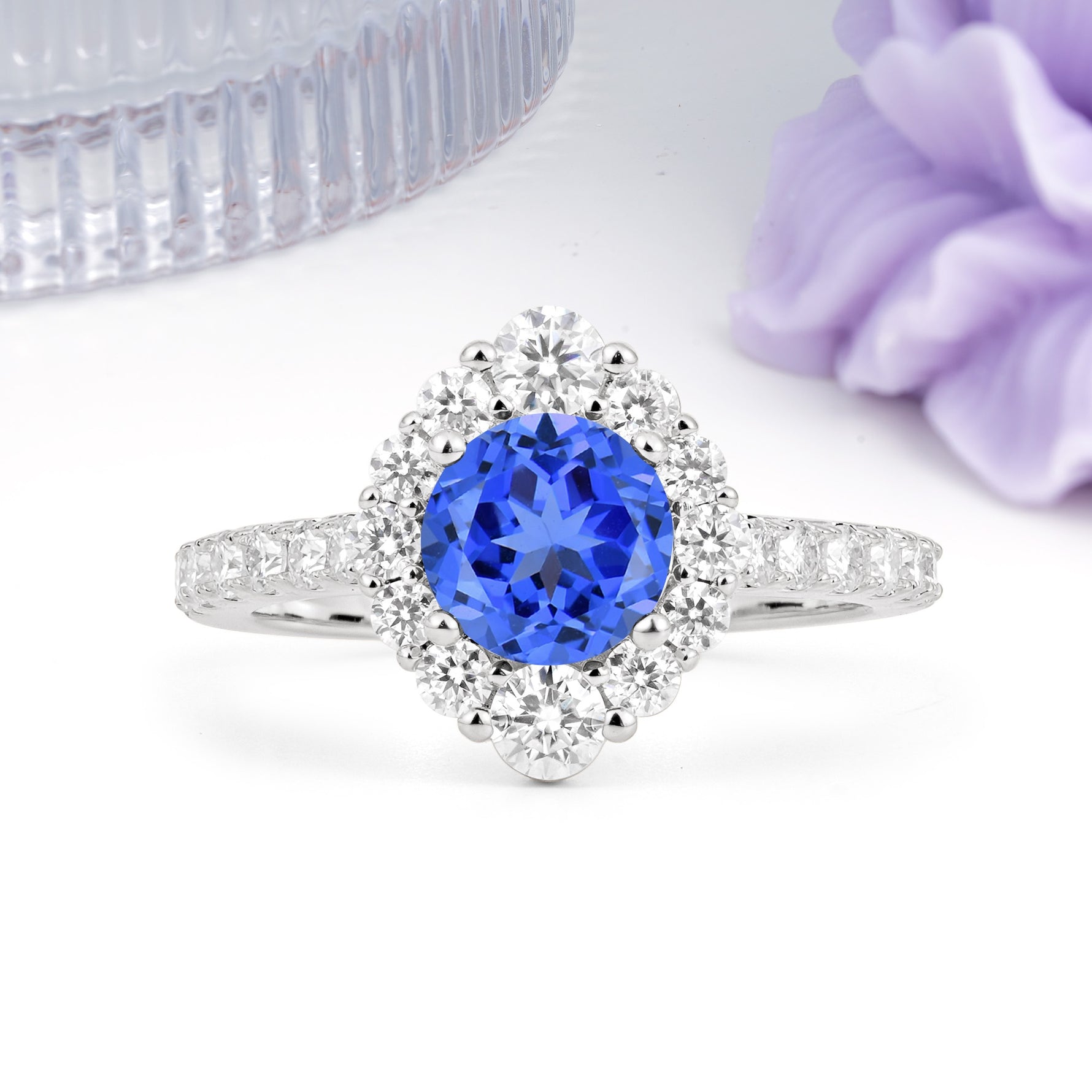 Unique Pavé Setting, Luxurious 4-Prong Round Cut Sapphire Engagement Ring - Additional view