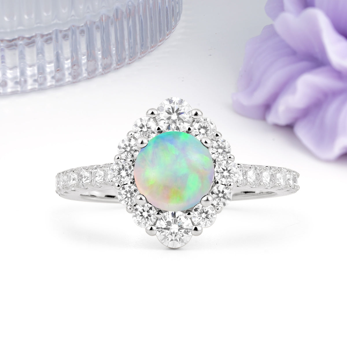 Unique Pavé Setting, Luxurious 4-Prong Round Cut Fire Opal Engagement Ring - Additional view