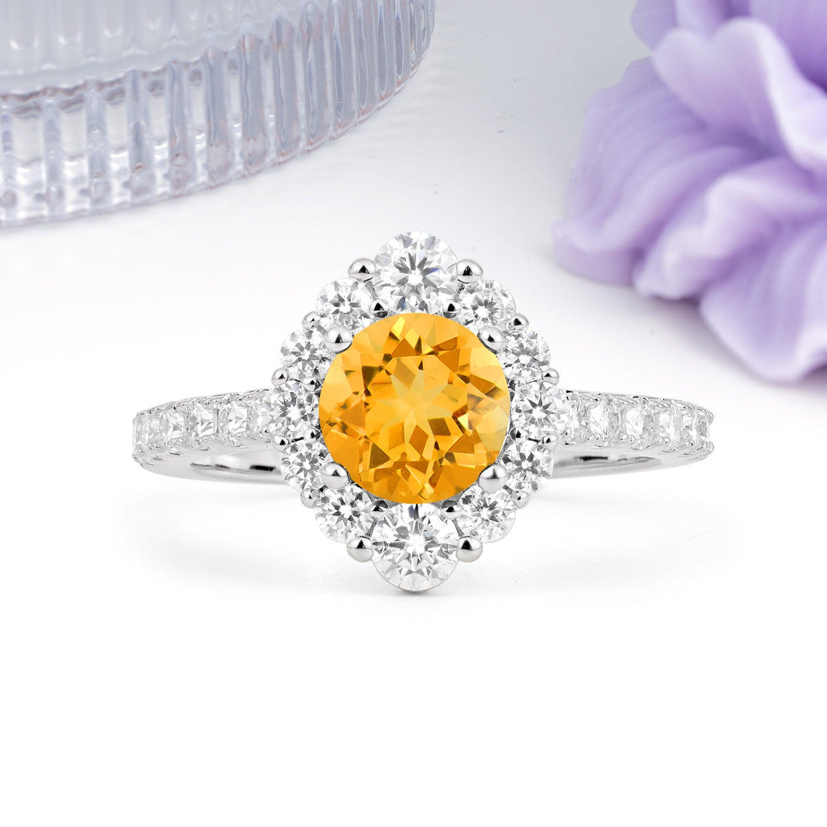 Unique Pavé Setting, Luxurious 4-Prong Round Cut Citrine Engagement Ring - Additional view