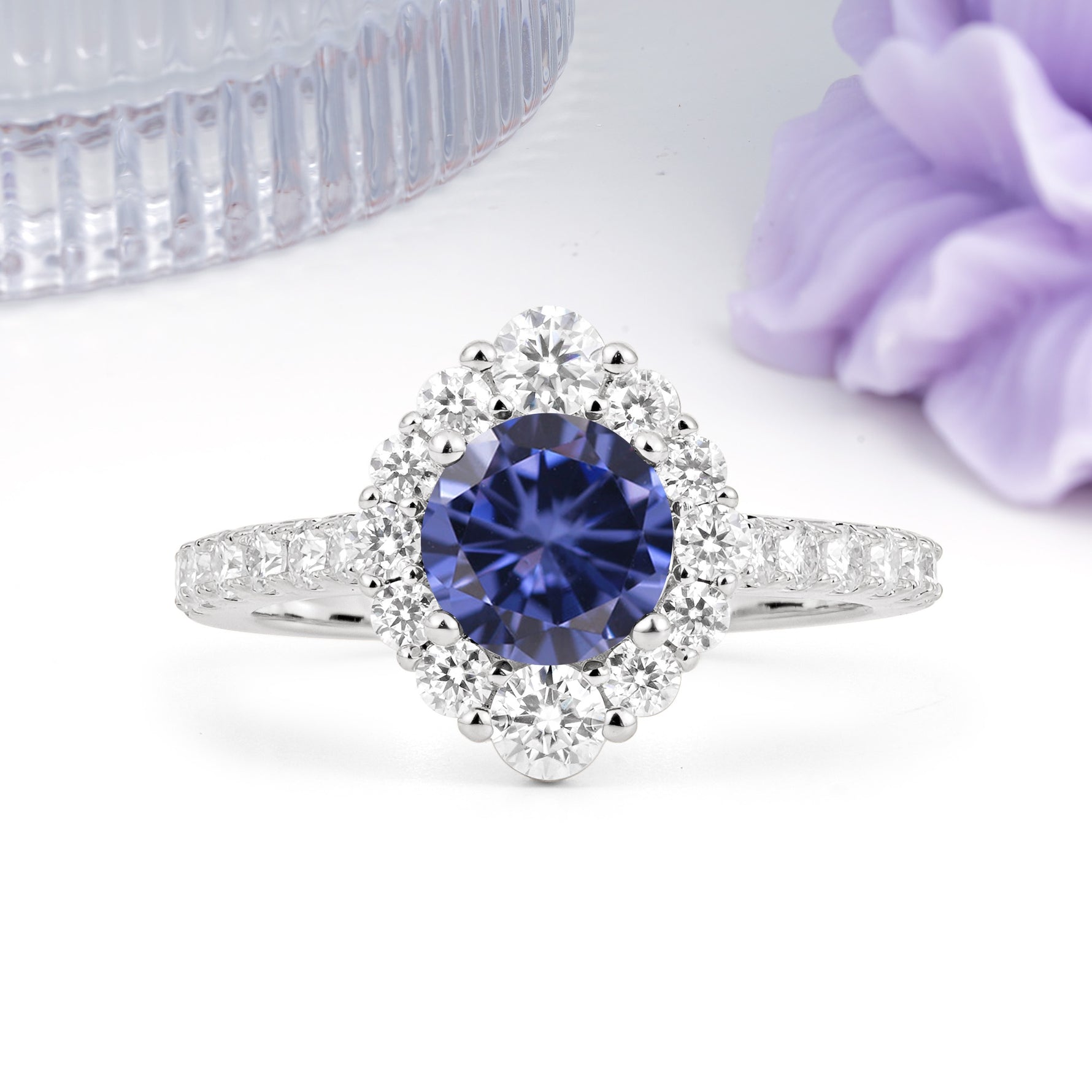 Unique Pavé Setting, Luxurious 4-Prong Round Cut Tanzanite Engagement Ring - Additional view
