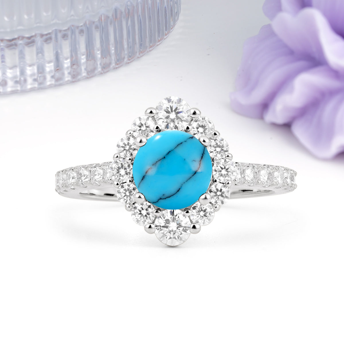 Unique Pavé Setting, Luxurious 4-Prong Round Cut Turquoise Engagement Ring - Additional view