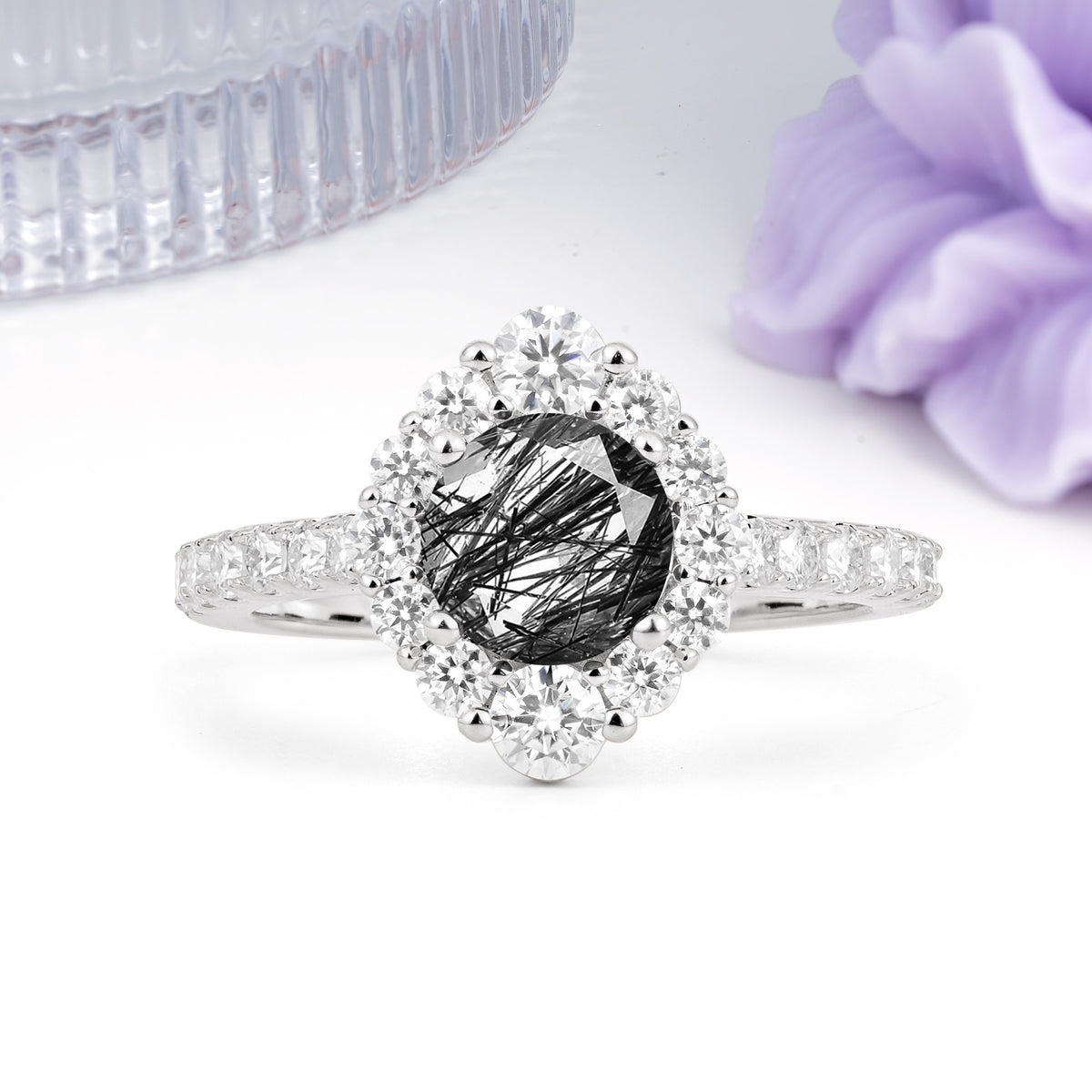 Unique Pavé Setting, Luxurious 4-Prong Round Cut Black Rutilated Quartz Engagement Ring - Additional view