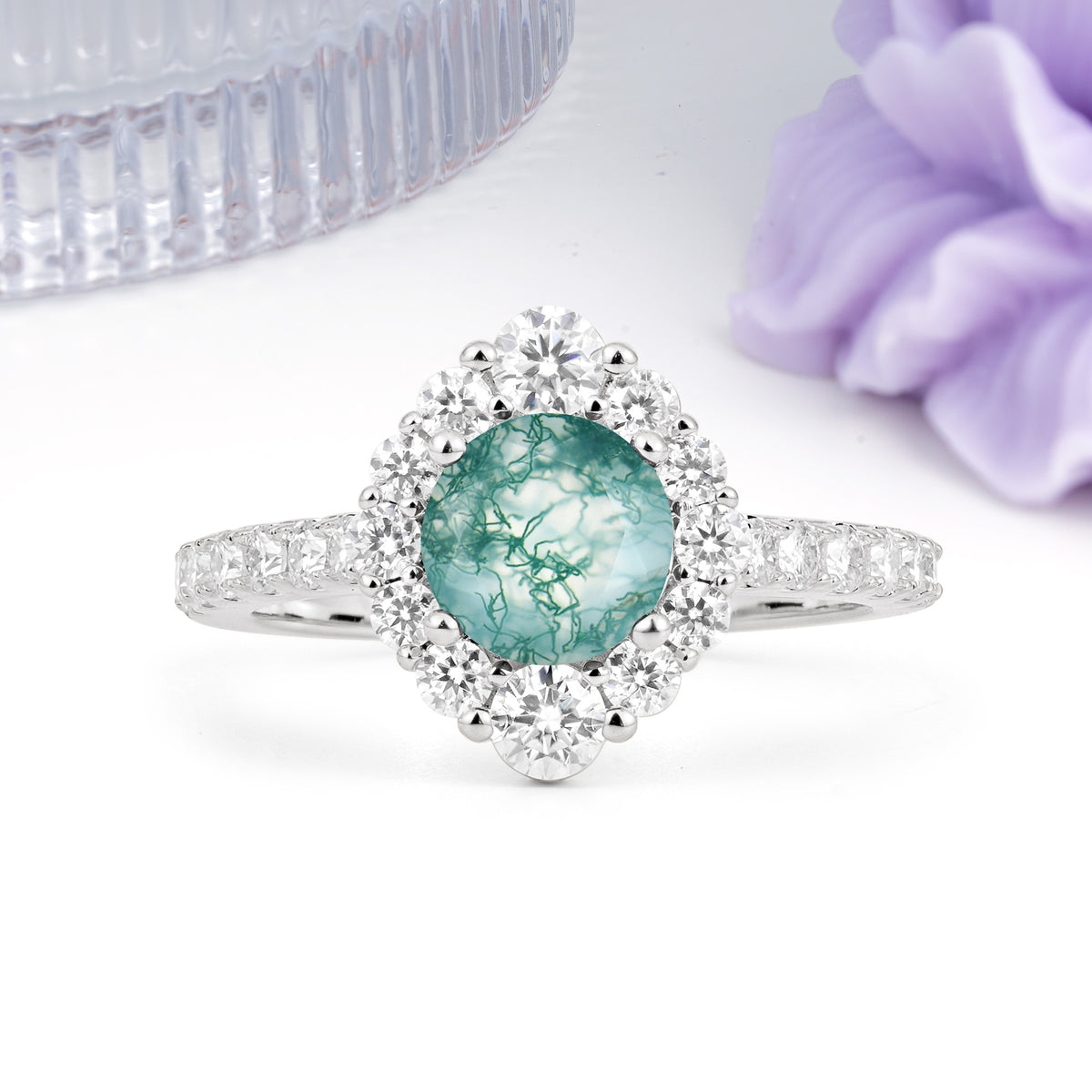 Unique Pavé Setting, Luxurious 4-Prong Round Cut Moss Agate Engagement Ring - Additional view