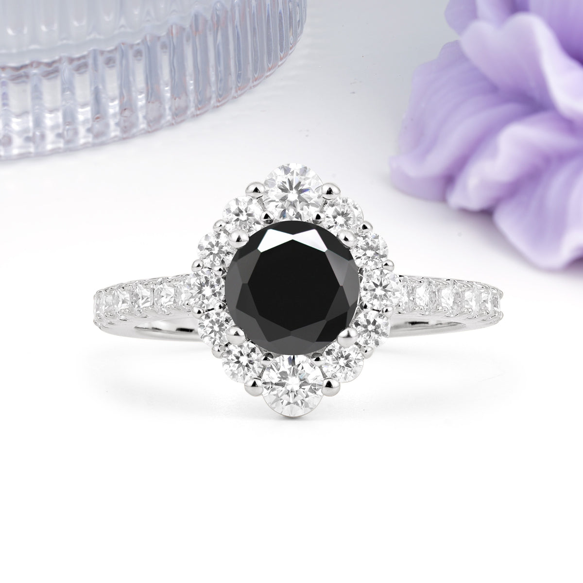 Unique Pavé Setting, Luxurious 4-Prong Round Cut Black Onyx Engagement Ring - Additional view