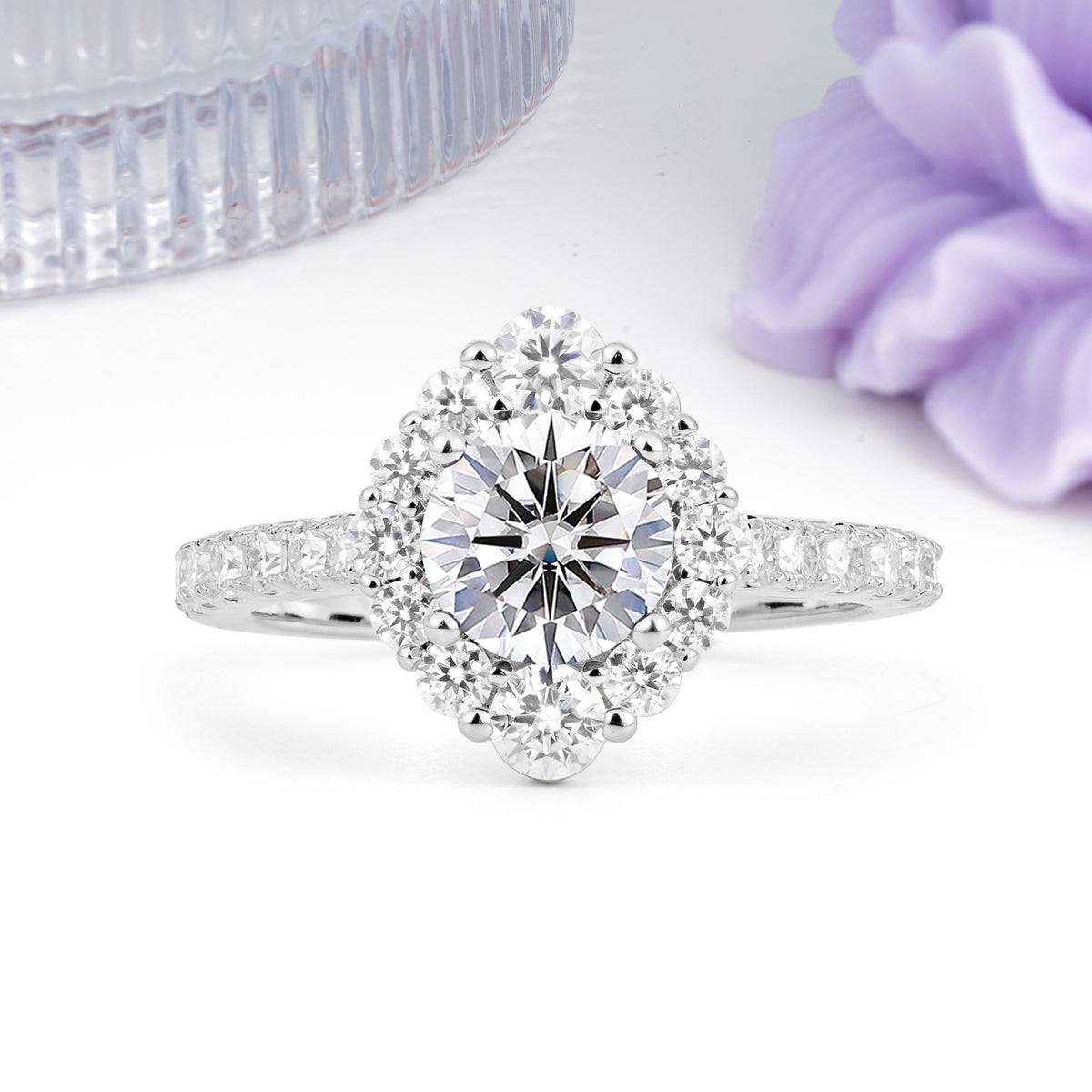 Unique Pavé Setting, Luxurious 4-Prong Round Cut Lab Diamond Engagement Ring - Additional view