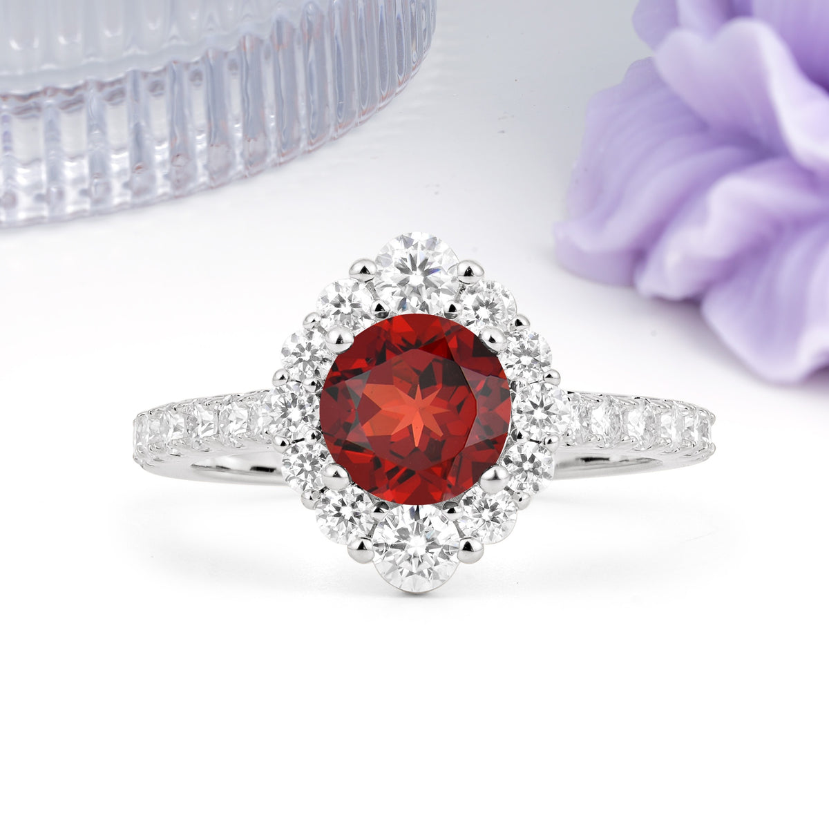 Unique Pavé Setting, Luxurious 4-Prong Round Cut Garnet Engagement Ring - Additional view